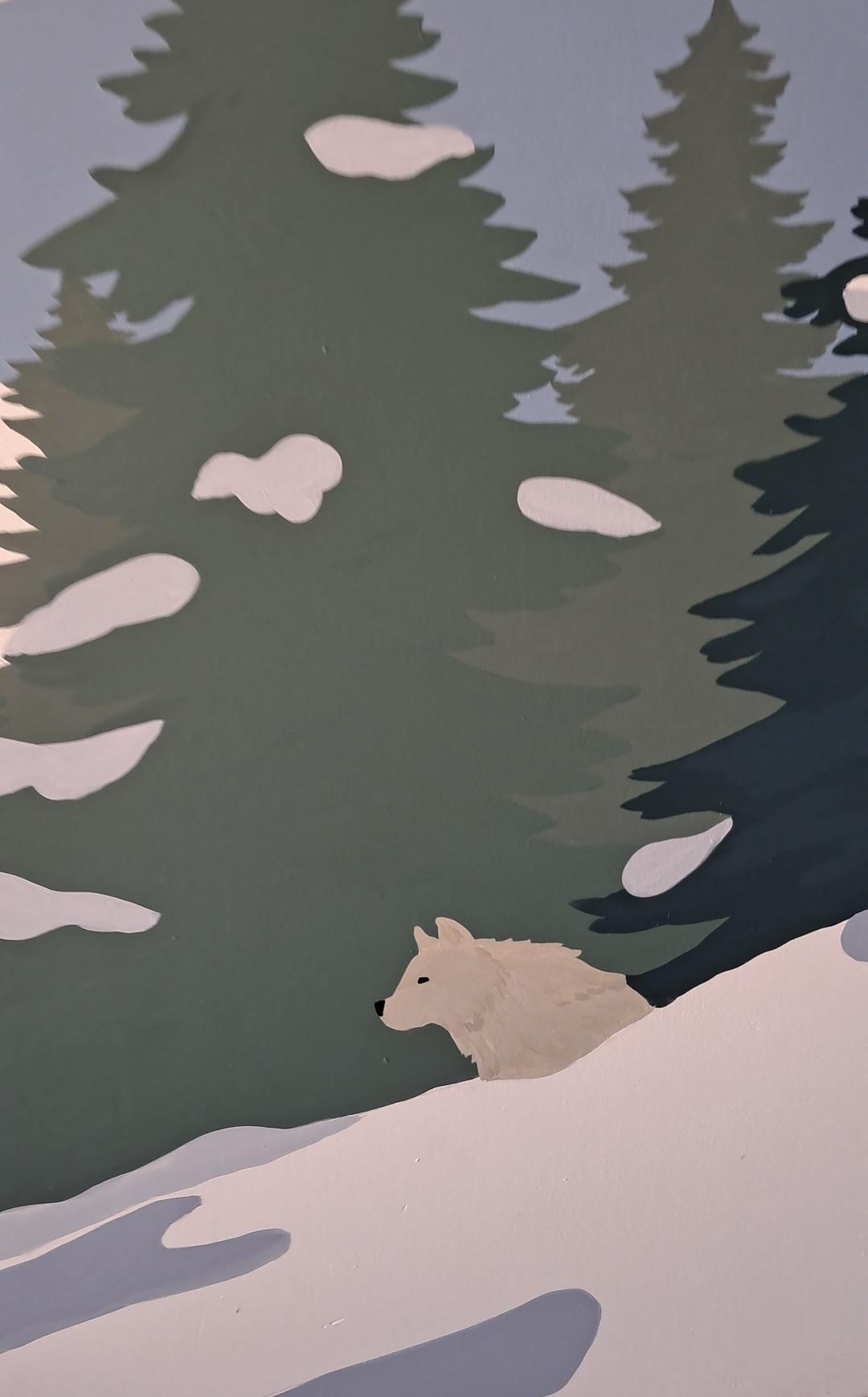 Détail de la fresque : Baiko, le chien du couple, dans la neige au pied des sapins