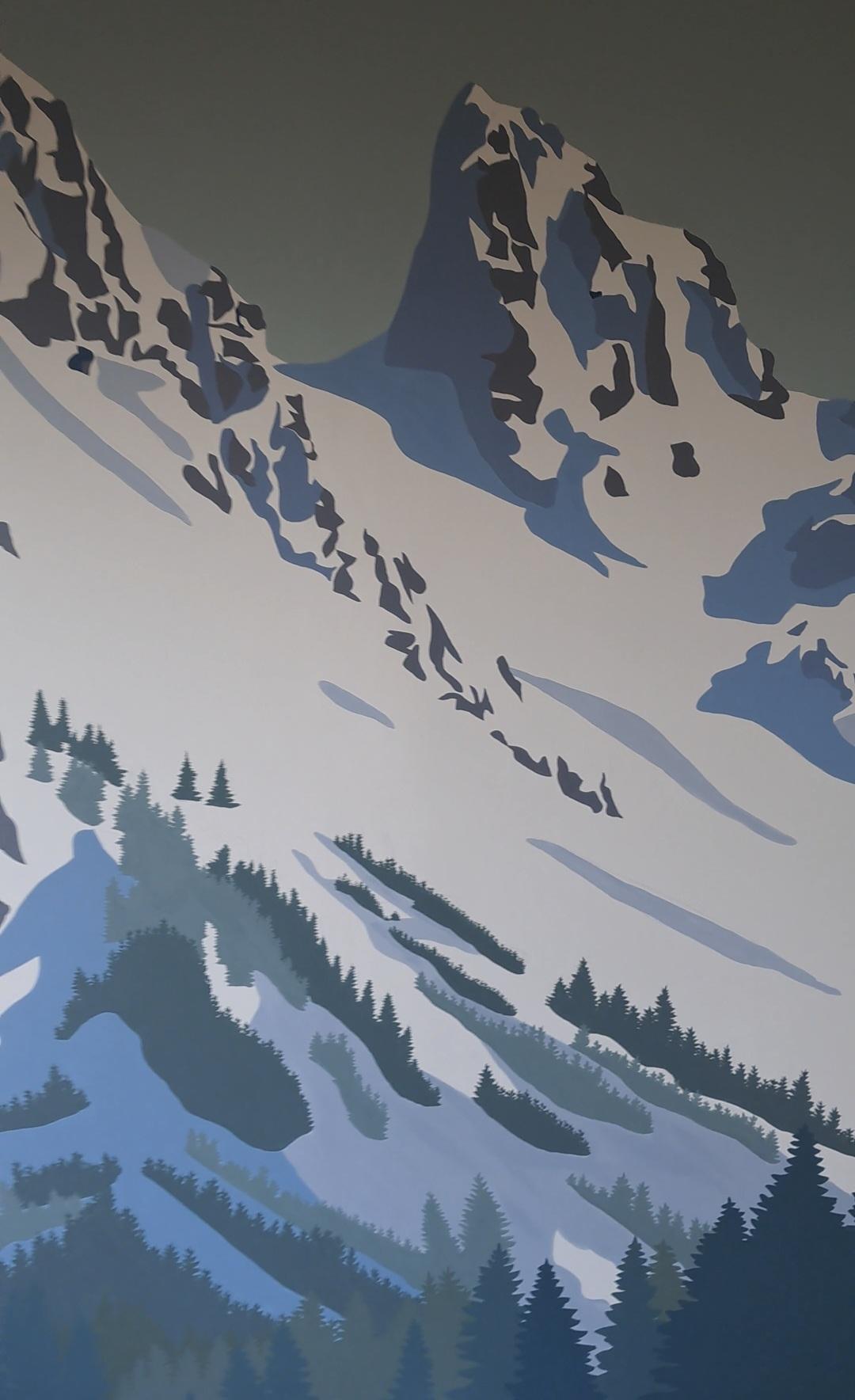 Détail de la fresque : le sommet enneigé et les forêts de sapins en contrebas
